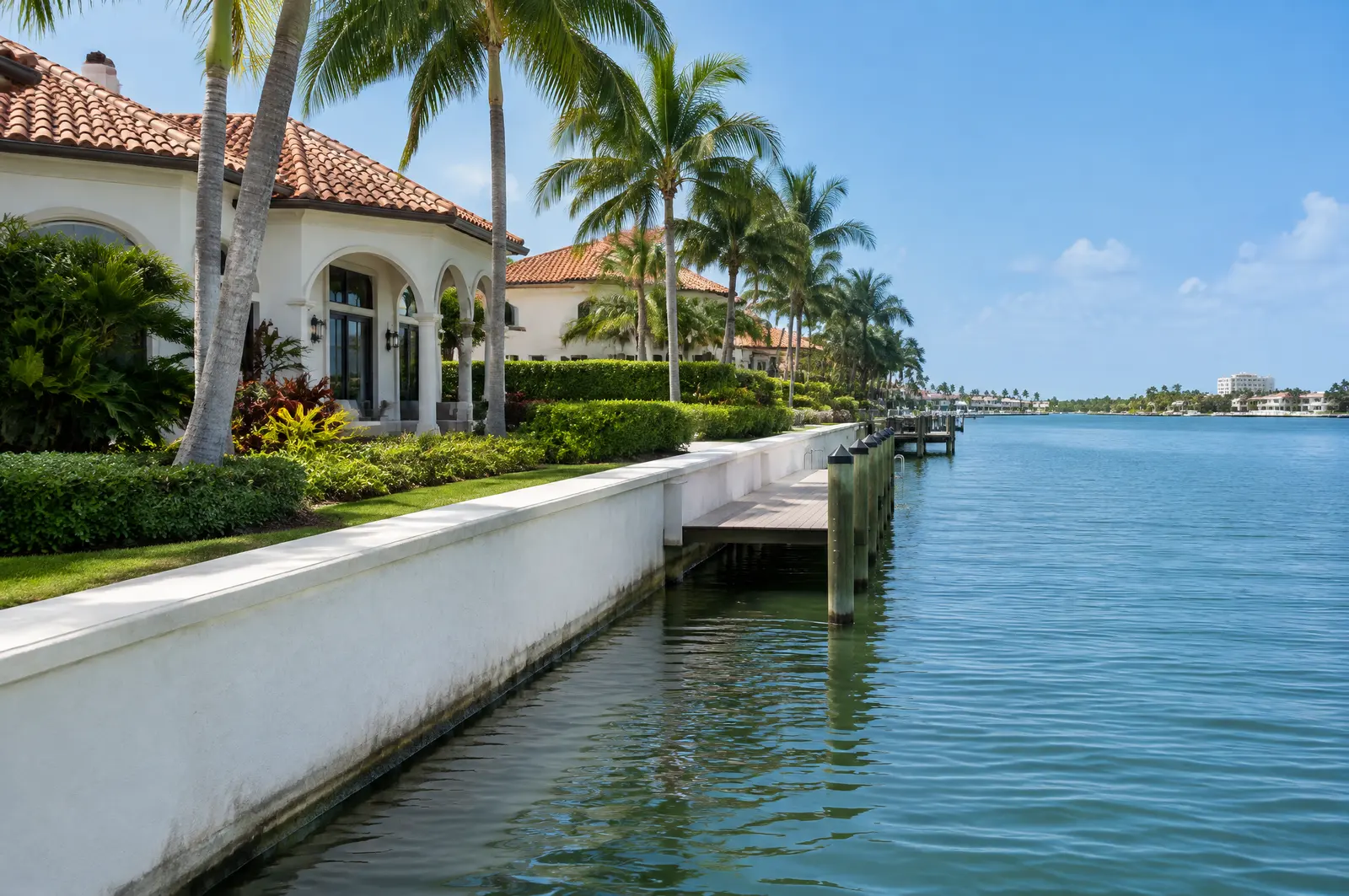 White seawall and narrow dock on the Intracoastal below Mediterranean homes with barrel tile roofs