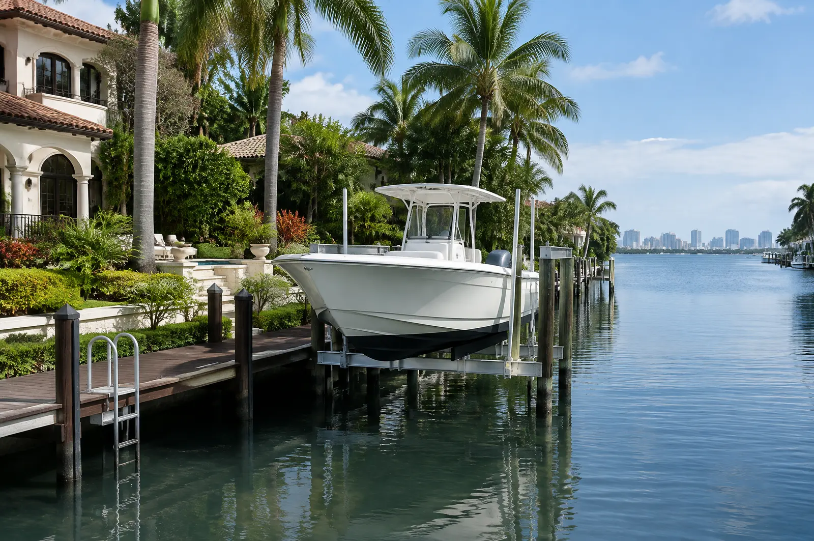 Boat on a lift beside a dock at a Mediterranean-style home on a canal leading to the bay