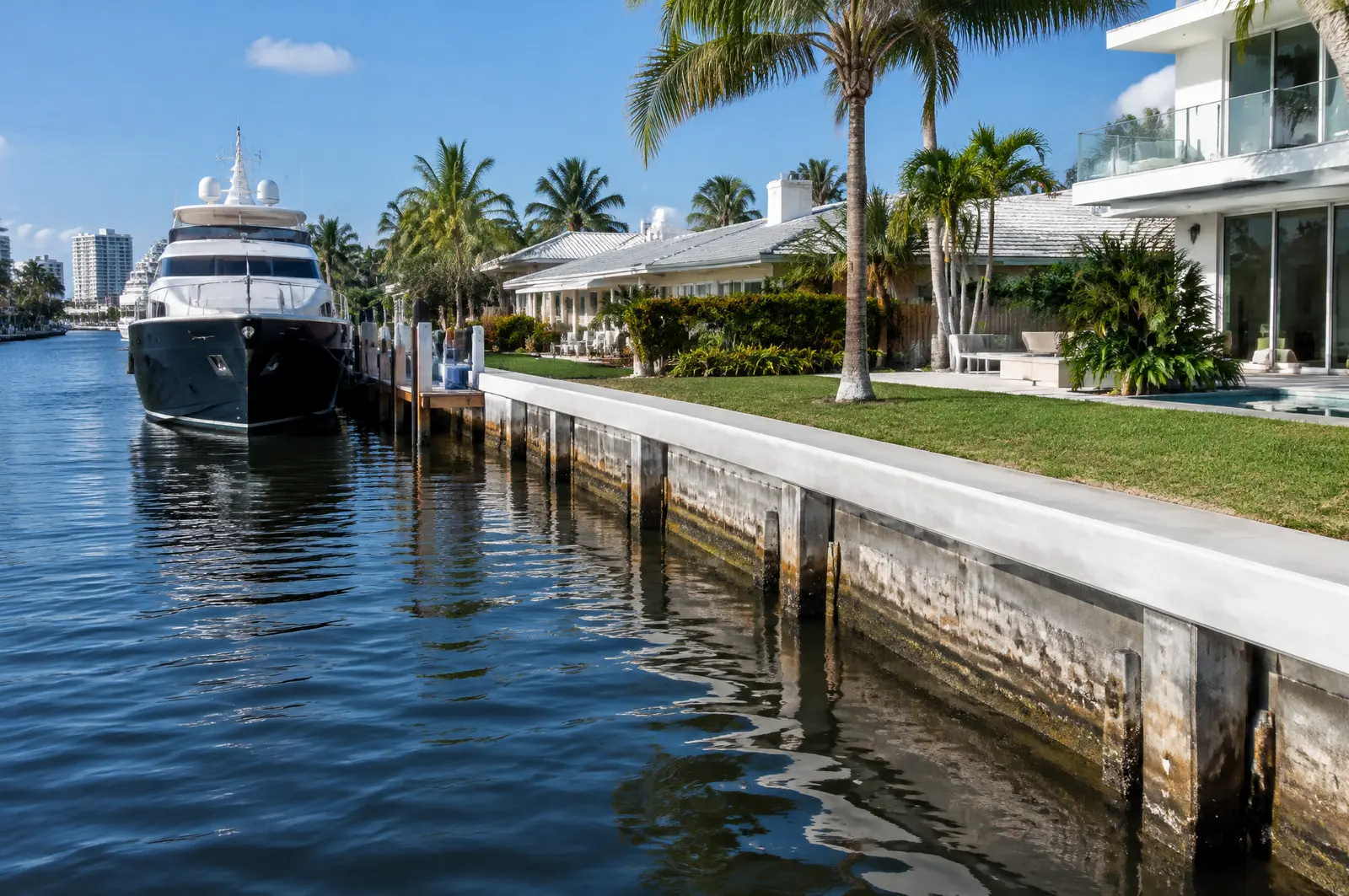 Seawall with a fresh raised cap on a deep residential canal with a large yacht moored alongside