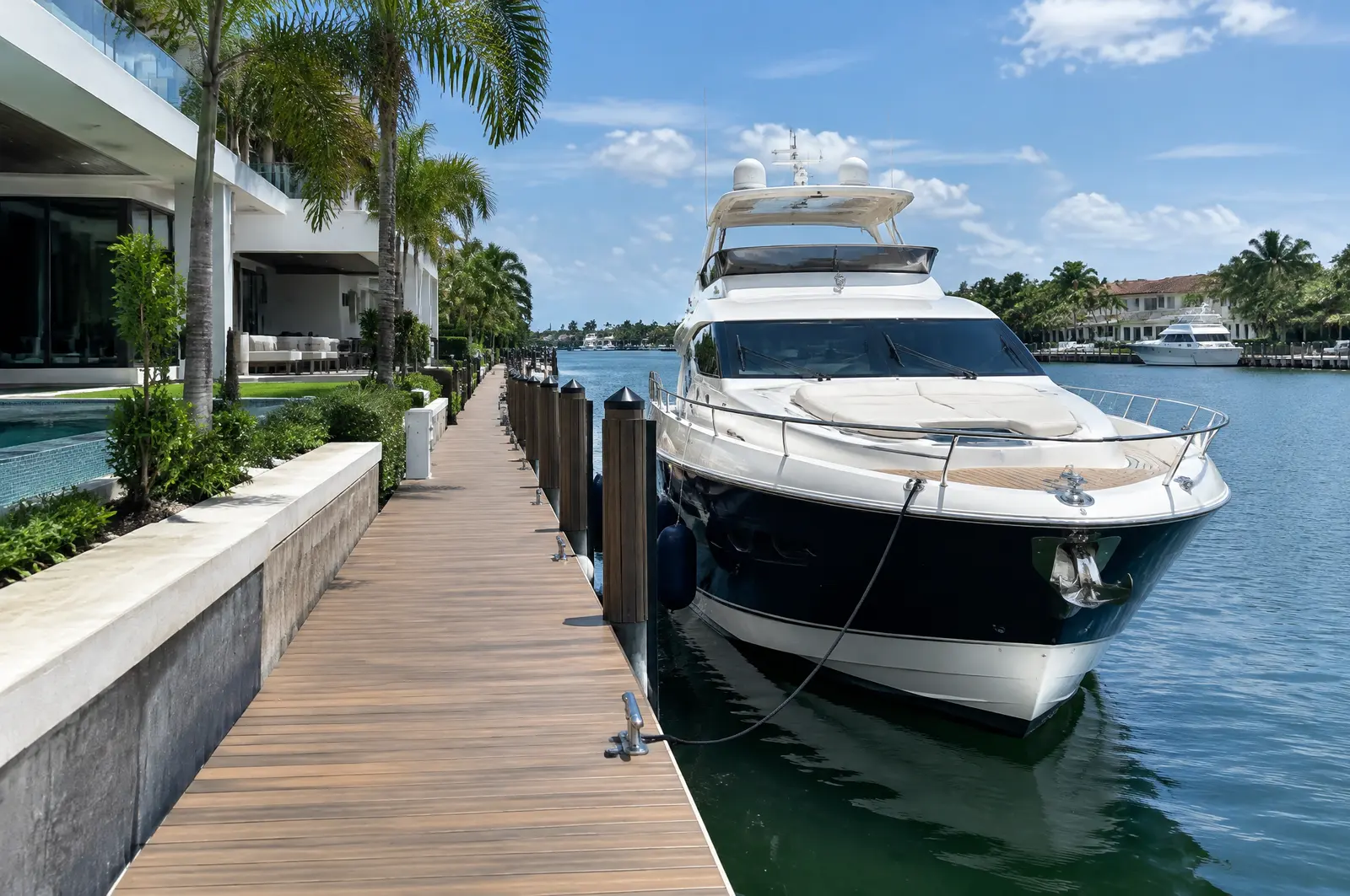 Long marginal dock along a seawall with a large private yacht moored at a modern home