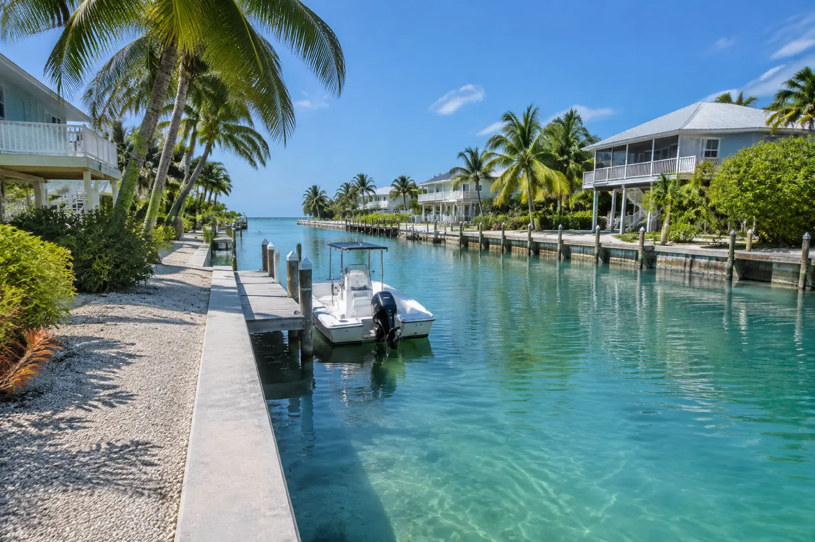 Low seawall and narrow dock on a clear Keys residential canal lined with stilt homes