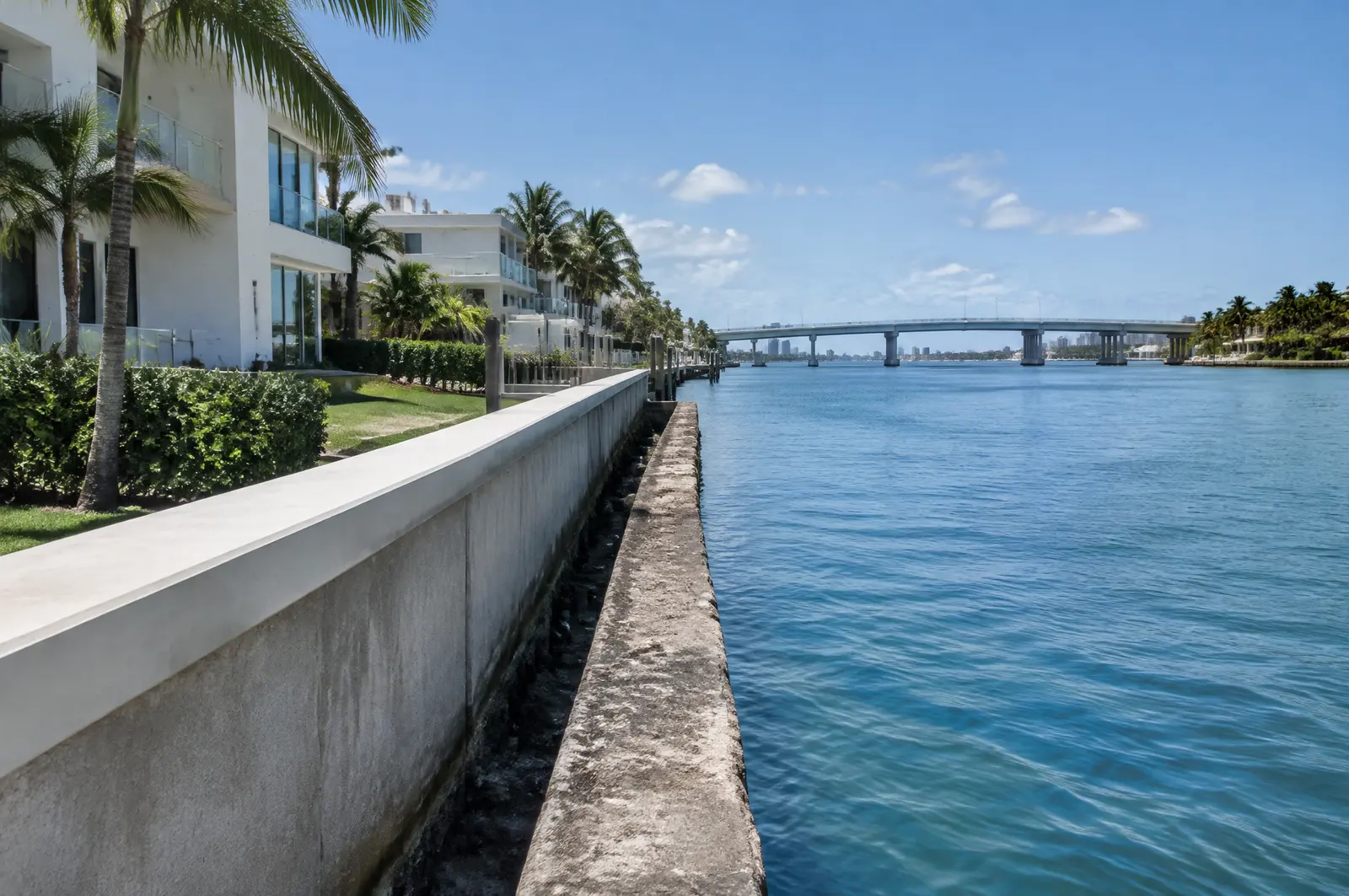 Two neighbouring seawalls of different heights on a bay-side island canal, one with a new taller cap