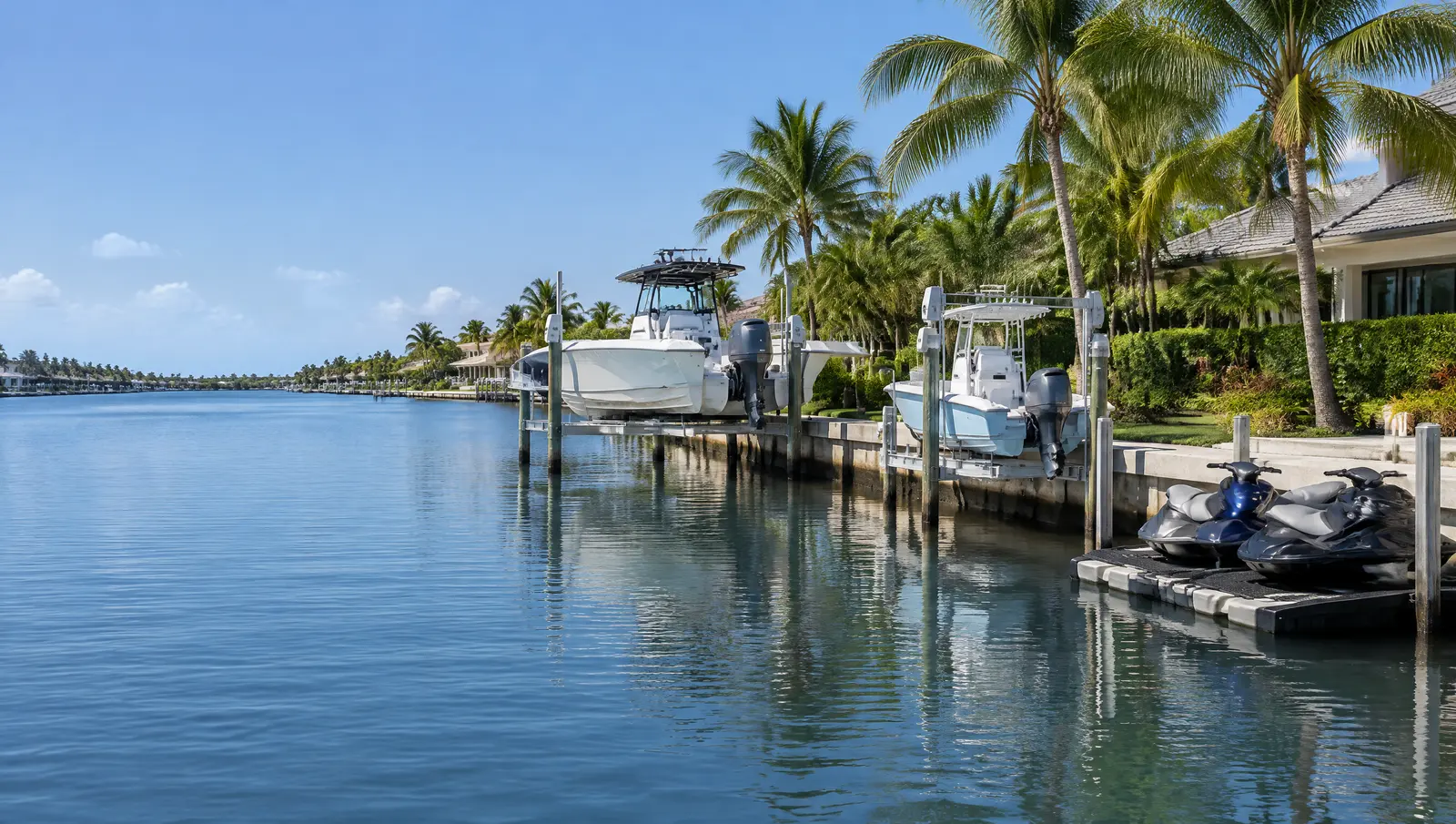 Three types of boat lift side by side on one canal: four-post, seawall elevator and floating jet ski lift