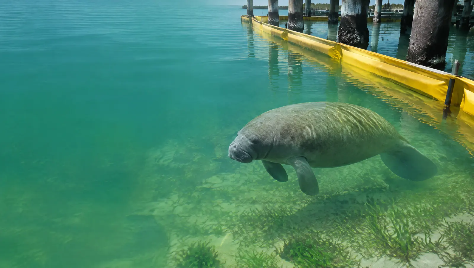 Manatee swimming near a yellow turbidity curtain at a dock work site, with seagrass on the bottom