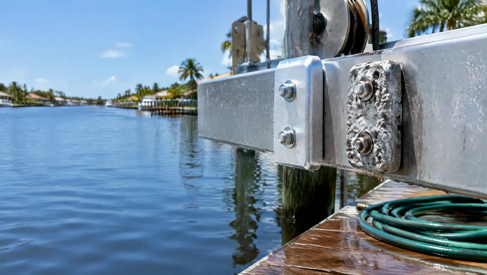 New and worn sacrificial zinc anodes on a boat lift beam above canal water, with a garden hose coiled on the dock