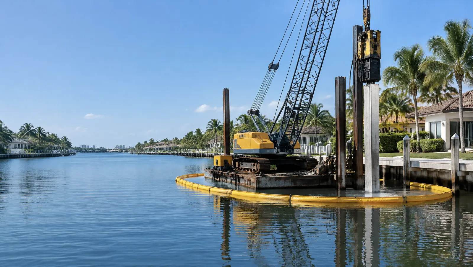 Barge crane with vertical leads and a pile hammer driving a square concrete pile beside a dock in a residential canal