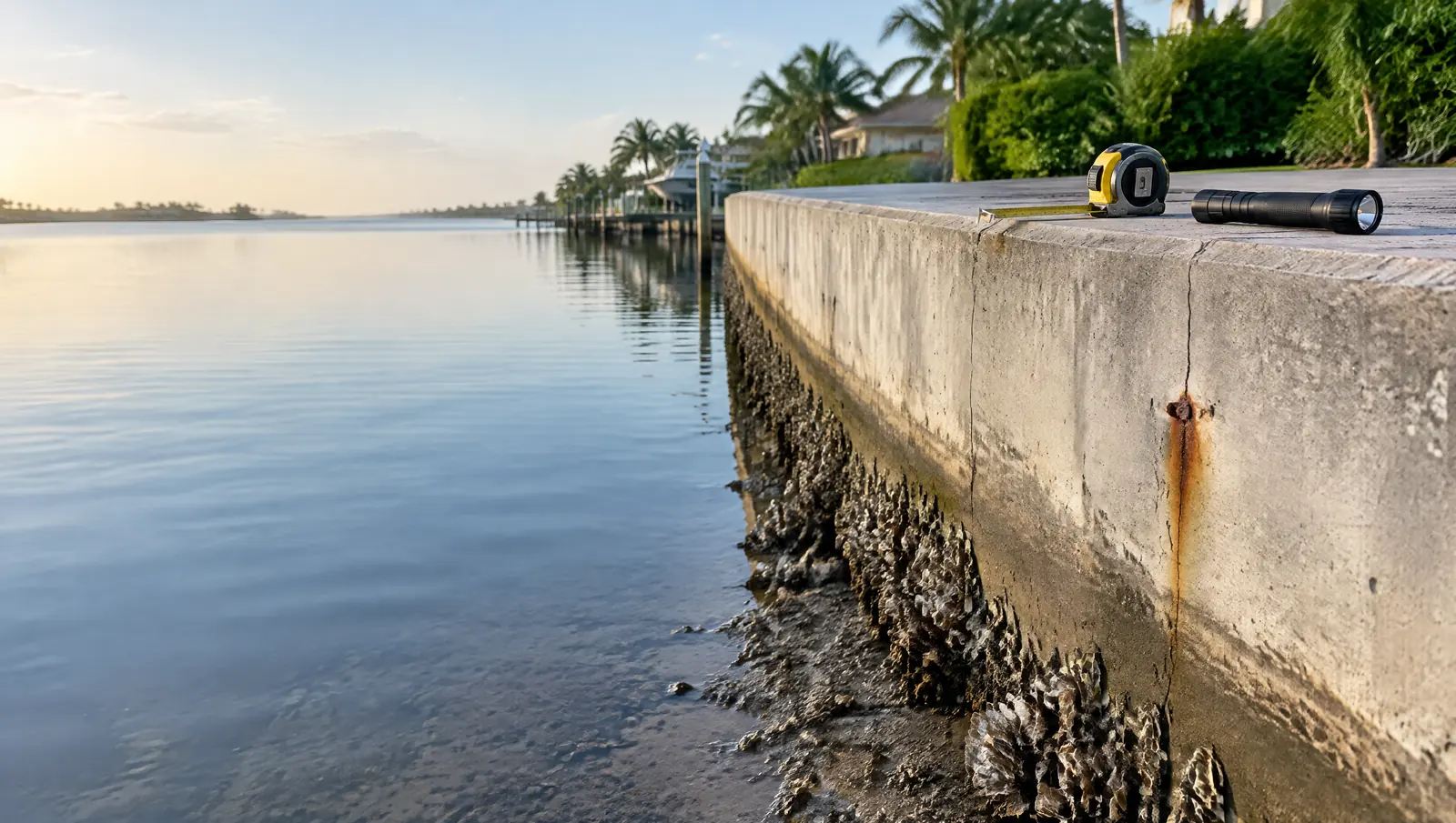 Older seawall at low tide with a tape measure and flashlight on the cap and a crack with a rust stain on the face