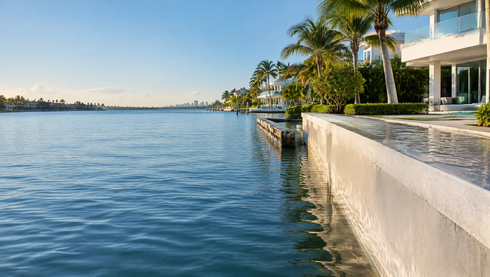 High water reaching the top of a raised concrete seawall cap on a bay-side residential canal