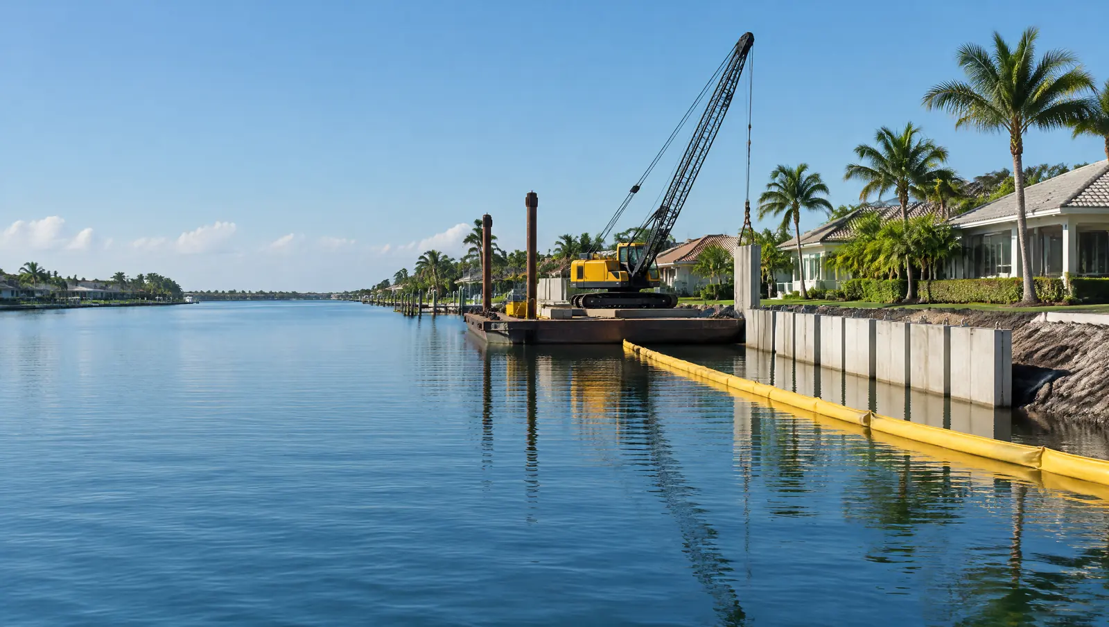 Seawall replacement on a residential canal with new precast panels, a work barge with a crane and a turbidity curtain