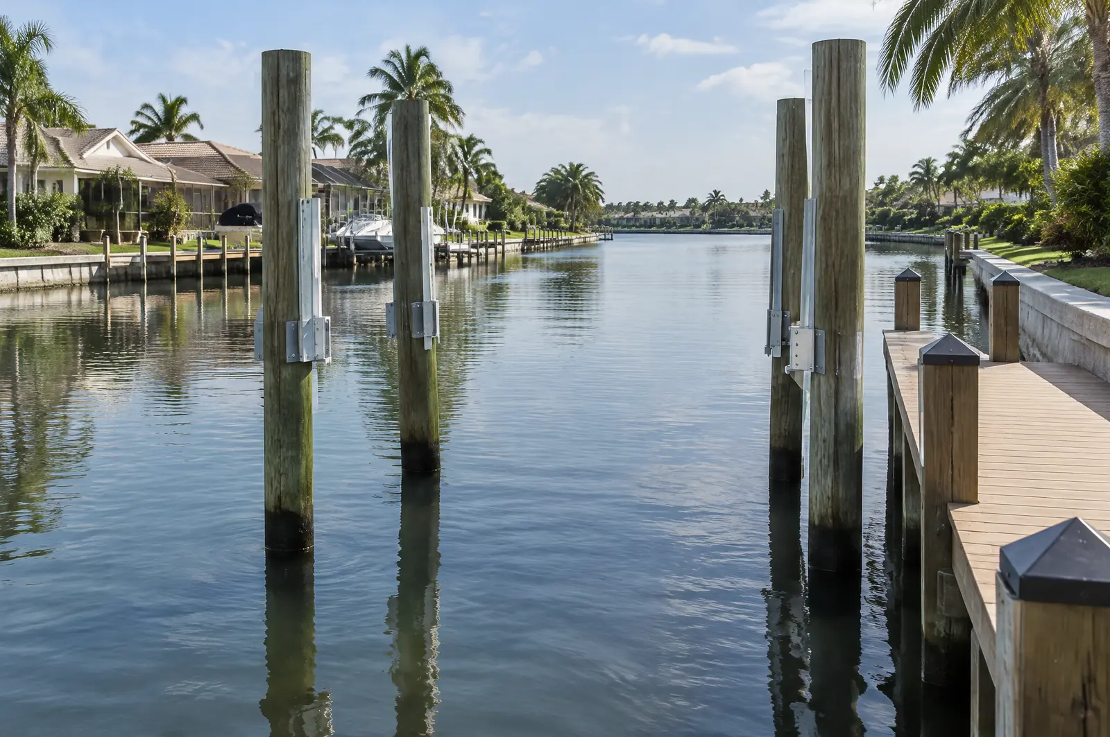 Four new pilings driven for a boat lift beside a dock, before the top beams go on