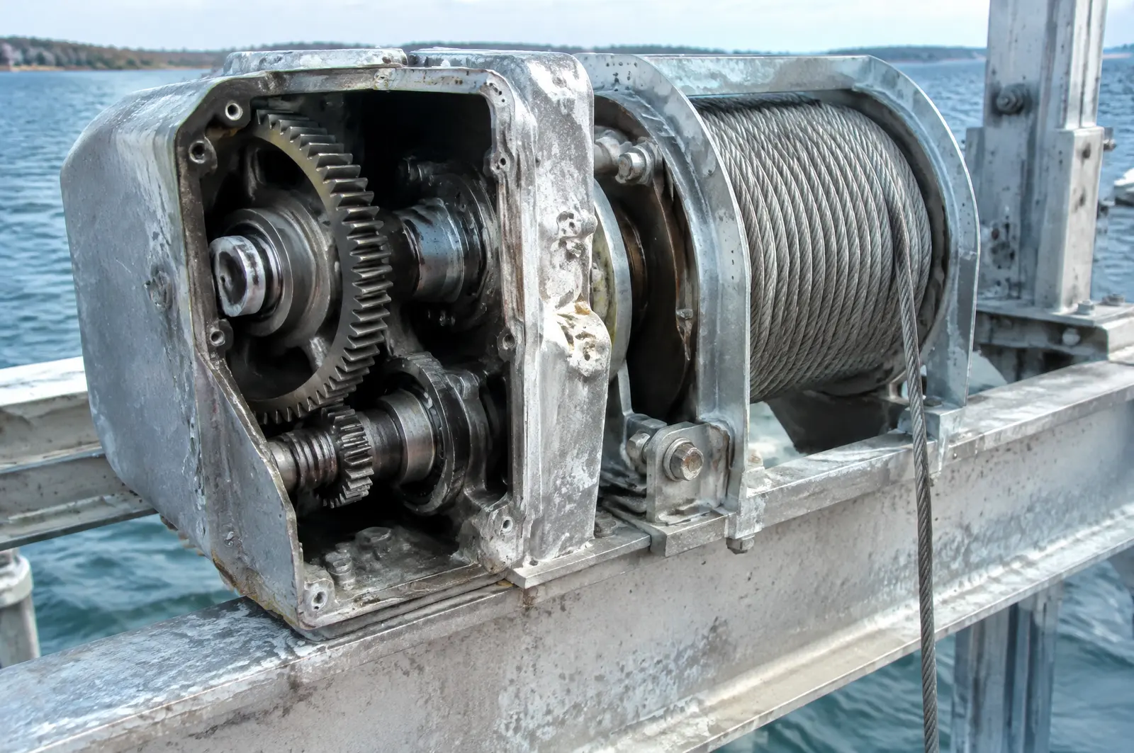 Open boat lift gearbox and cable drum with stainless cable wound on the drum