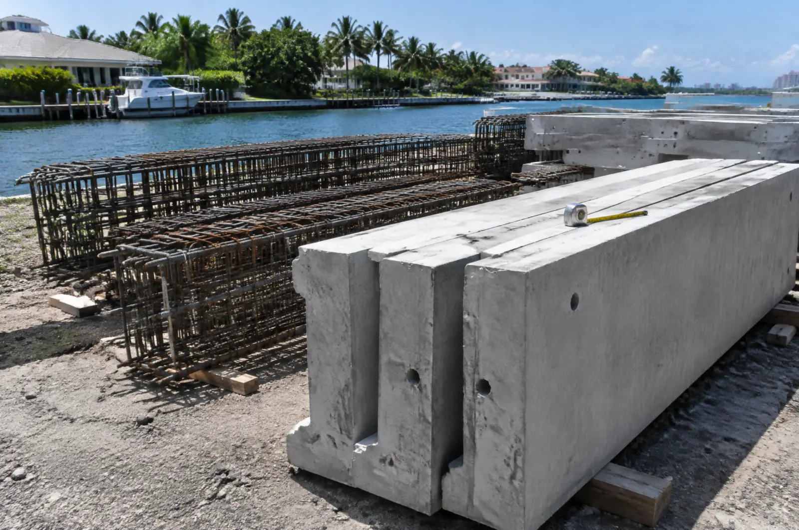 Precast concrete seawall panels and rebar cages staged on a waterfront lot beside a canal