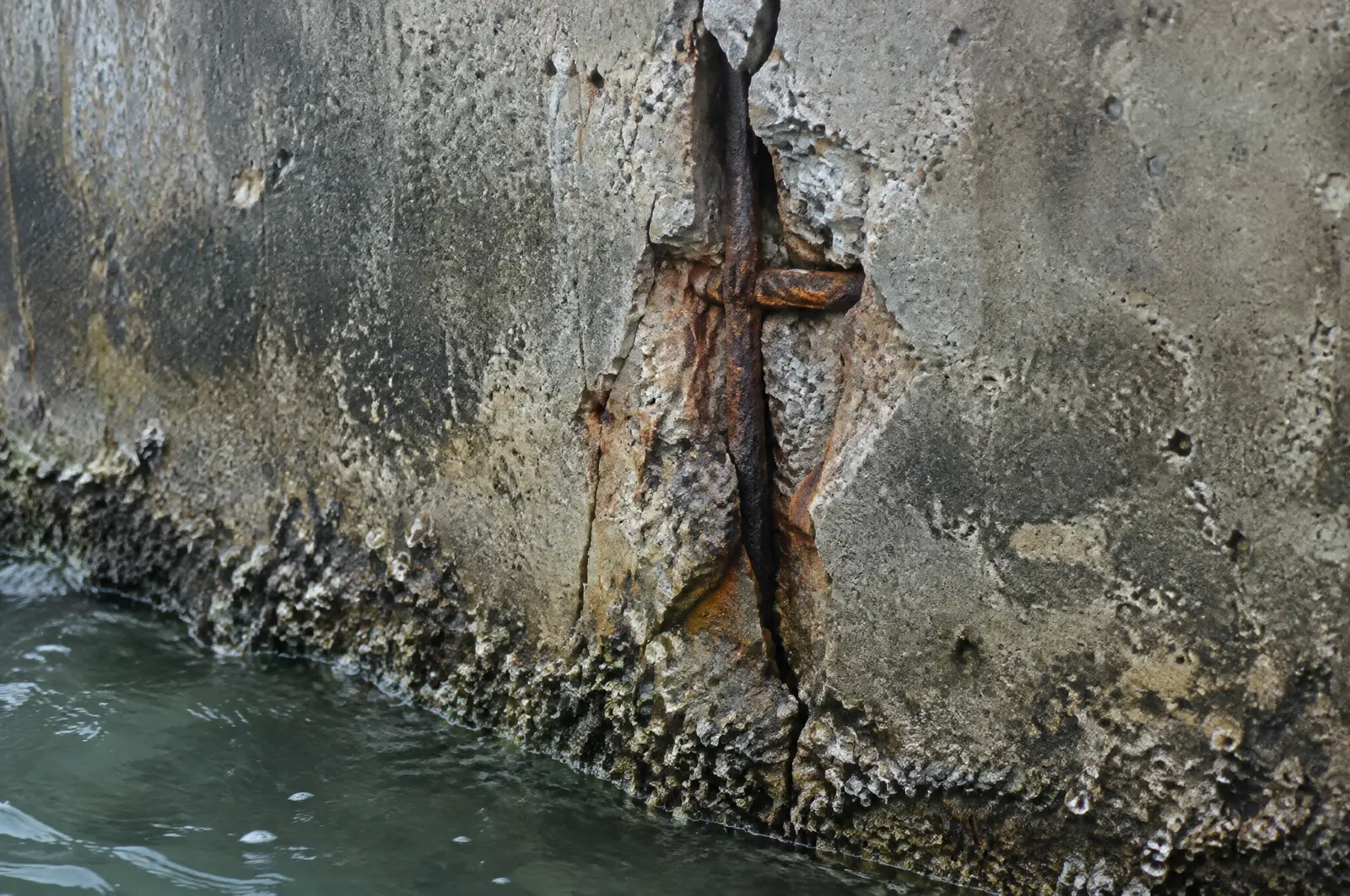 Vertical crack and spalled concrete exposing rusty rebar on a seawall face above the waterline