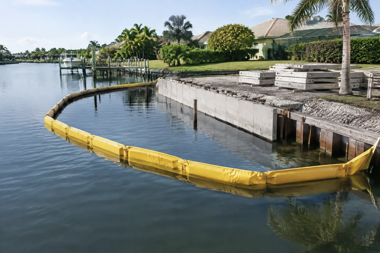 Yellow turbidity curtain enclosing a seawall work area on a calm canal